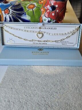 Eye Candy Los Angeles Gold Paperclip Chain & White Pearl Heart Necklace Set Of 2